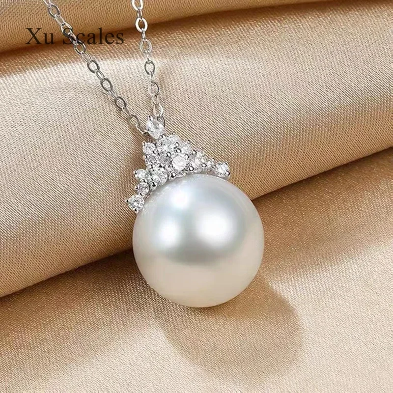 Natural Freshwater Pearl Pendant Necklace S925 Sterling Silver Single Large White Pearl Ice Queen Zircon Classic Collar Chain