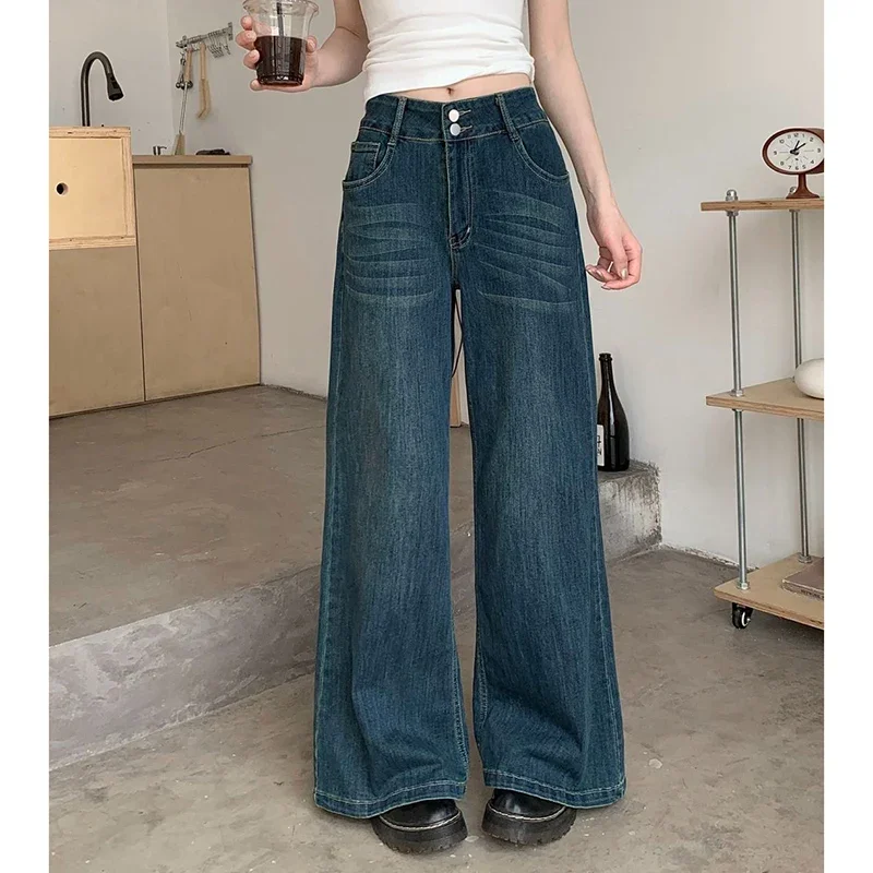 Lady Korean High Waist Casual Daily Jeans Women Retro Fashion Blue Long Pants Girls Chic Straight Leg Denim Trousers