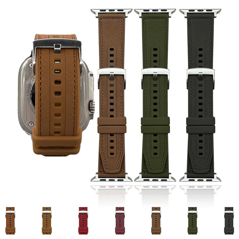 

Ремешок из силикона и кожи для Apple Watch, высококачественный браслет для IWatch Series Ultra 10 9 8 7 SE, 49 мм 46 мм 45 мм 41 мм 44 мм 42 мм