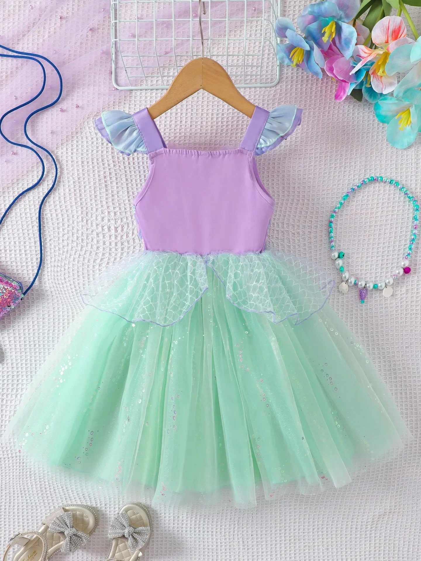 Mädchen Pailletten-Meerjungfrauen-Mesh-Kleid für Halloween, Karneval, Geburtstag, Cosplay, Prinzessinnen-Outfit – Detail 6