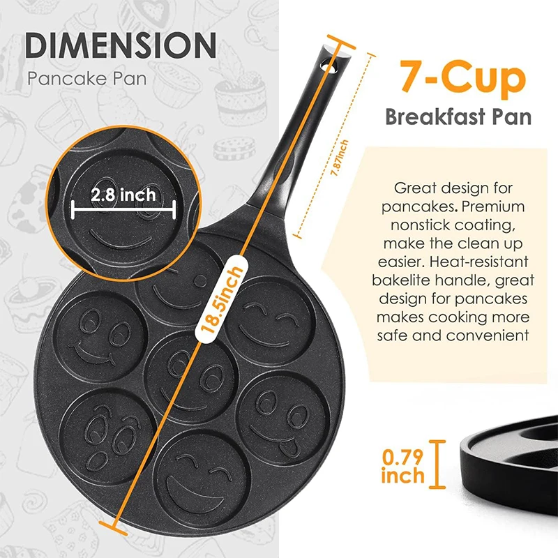 LMETJMA Smiley Face Pancake Pan 100% Non-stick Griddle Pancake Maker with 7 Unique Faces for Breakfast Magic JT196