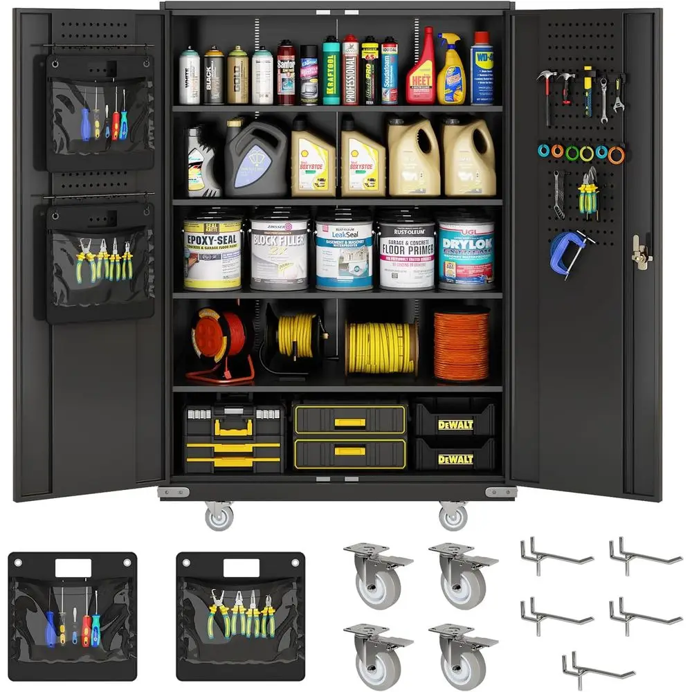

Прочный металлический шкаф для хранения в гараже с замком, 43x22x72 дюйма, 4 полки, инструментальный шкаф на колесах для мастерской и дома