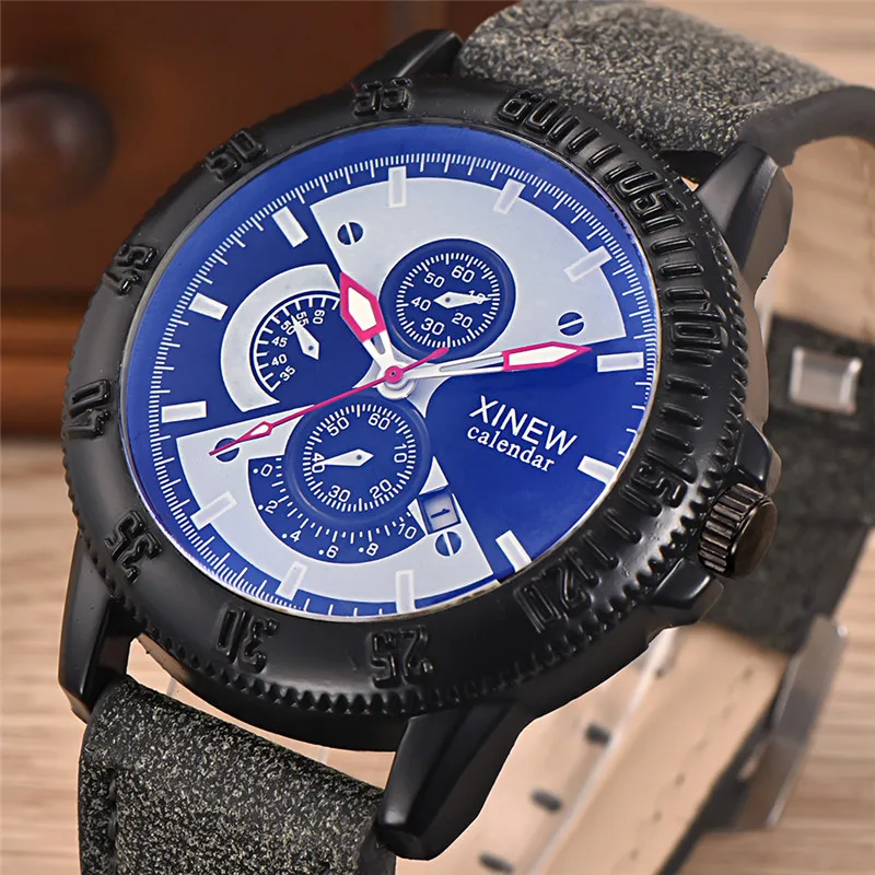 Relogio Masculino XINEW Brand Men Watches Students Fashion Leather Band Date Gifts Quartz Watch Black Montre Homme Reloj Hombre