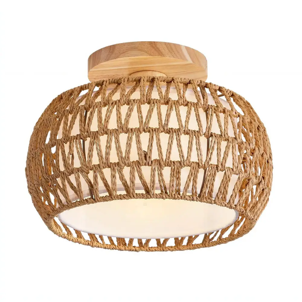 Classic Woven Ceiling Fixture Rustic Paper Rattan Flush Mount Lamp Farmhouse Style Bedroom Living Room Decor Led