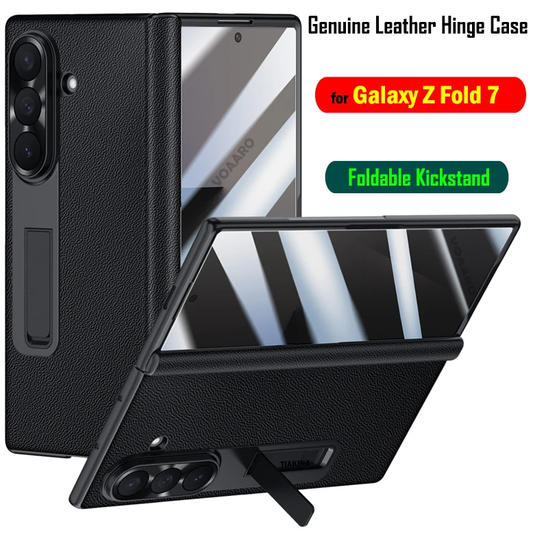 

Rotate Kickstand Funda for Samsung Galaxy Z Fold 7 Genuine Leather Hinge Protection Case Front Frame with Glass Film Protector