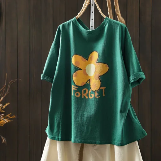 

Women Summer New Sweet Mori Girl Flower Letter Printed T-Shirts O-Neck Short Sleeve Casual Loose Pullover Tee Shirt Tops