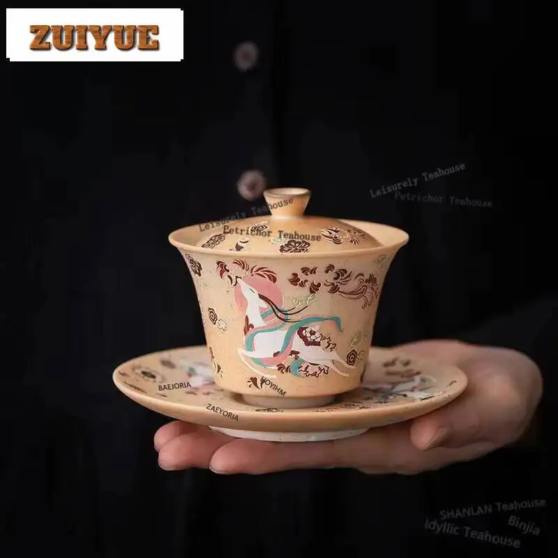 140ml Creative Dunhuang Apsaras Deer Gaiwan Chinese Three Talent Tea Tureen Aesthetic Tea Brewing Cover Bowl Teaware Decoration