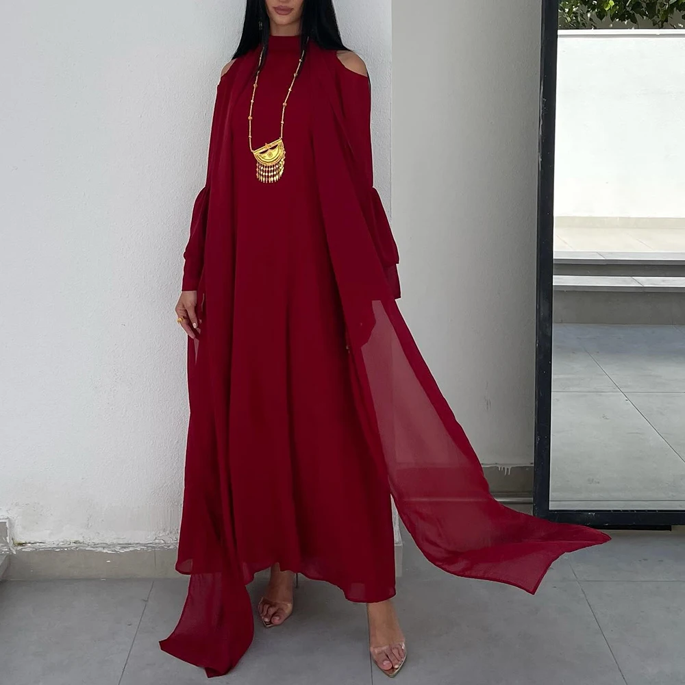 Customized Chiffon A-Line Ribbons Evening Dress High Collar Long Sleeves Floor Length Watteau Train Burgundy Vestidos de fiesta