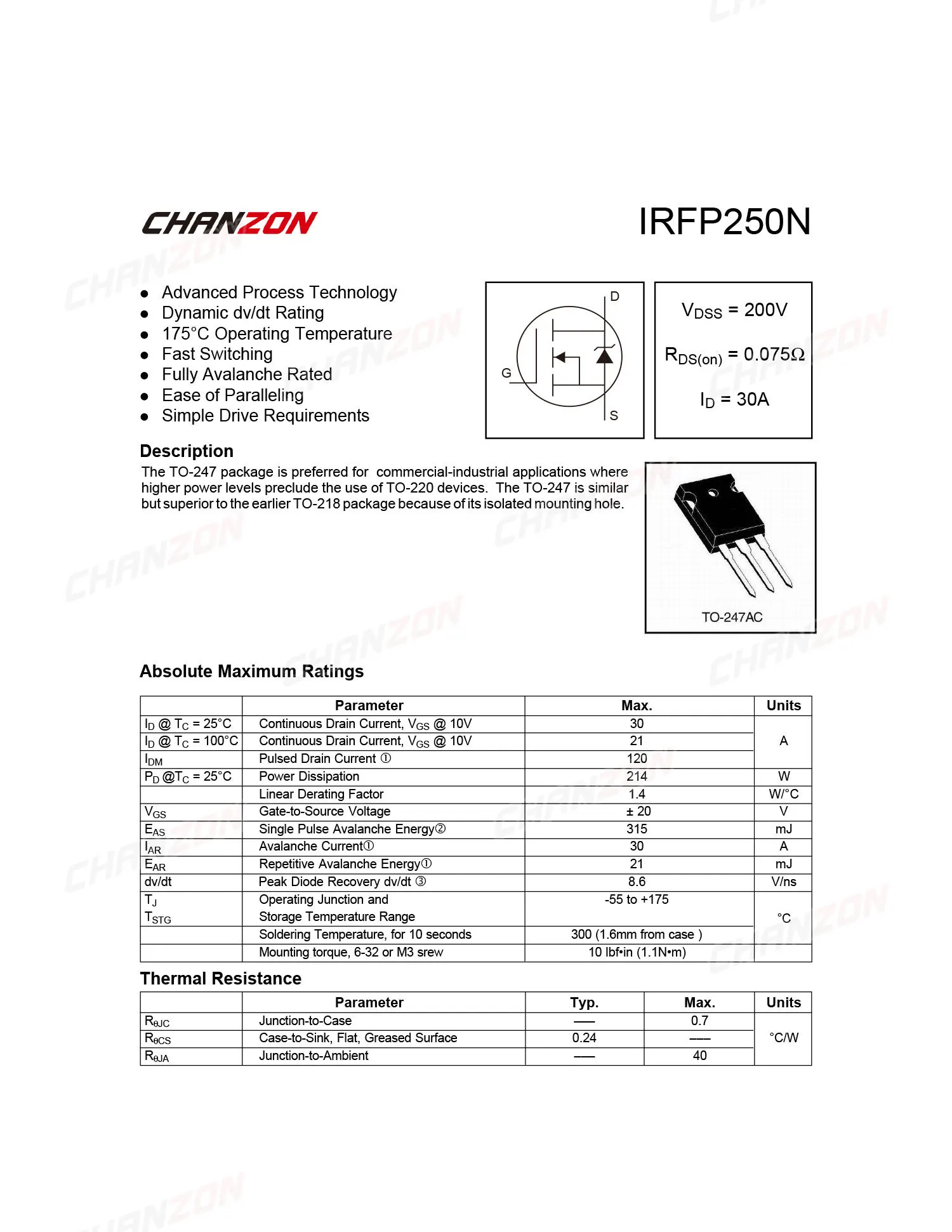 5Pcs IRFP250 TO-247 Power SIC Mosfet Transistor Bipolar Junction BJT Powerful Triode Tube Fets DIP 30A 200V Integrated Circuits