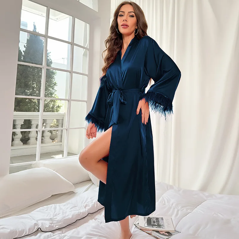 Female 4PCS Pajamas Set Luxurious Bride Wdding Robe with Feather Long Bathrobe Gown Spring Summer Loose Satin Nightgown Homewear