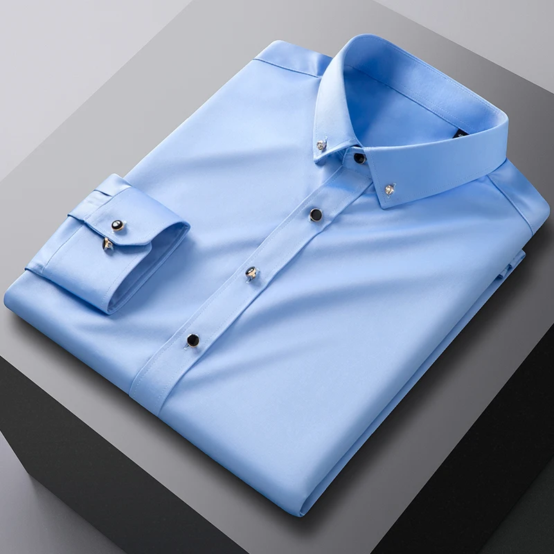 Camisa de manga larga con botones de diamante para hombre, ropa informal ajustada, elástica, cómoda, sin hierro, para negocios, jóvenes, novedad de 2024