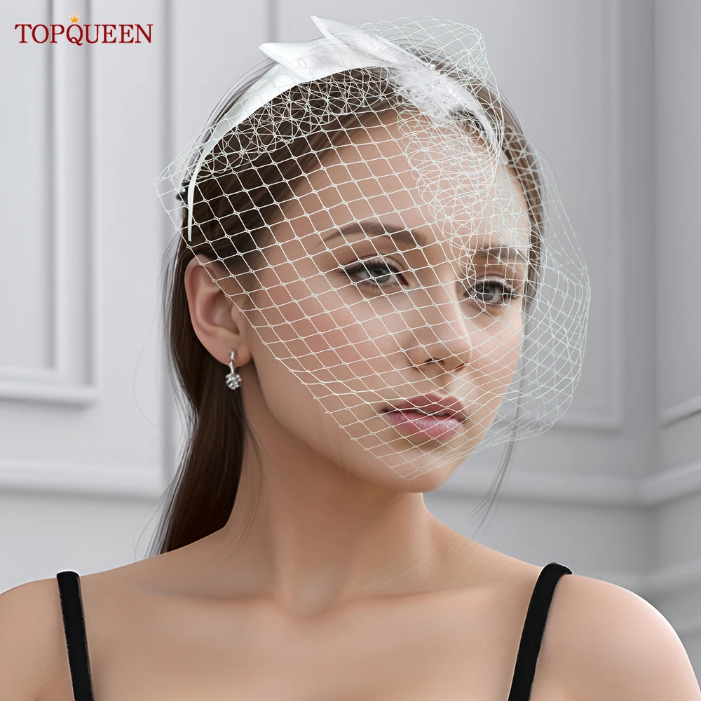 TOPQUEEN VA03  Mesh Blush Veil Satin Bow Tulle Cage Veil Face Veil Wedding Accessory Wedding Gowns