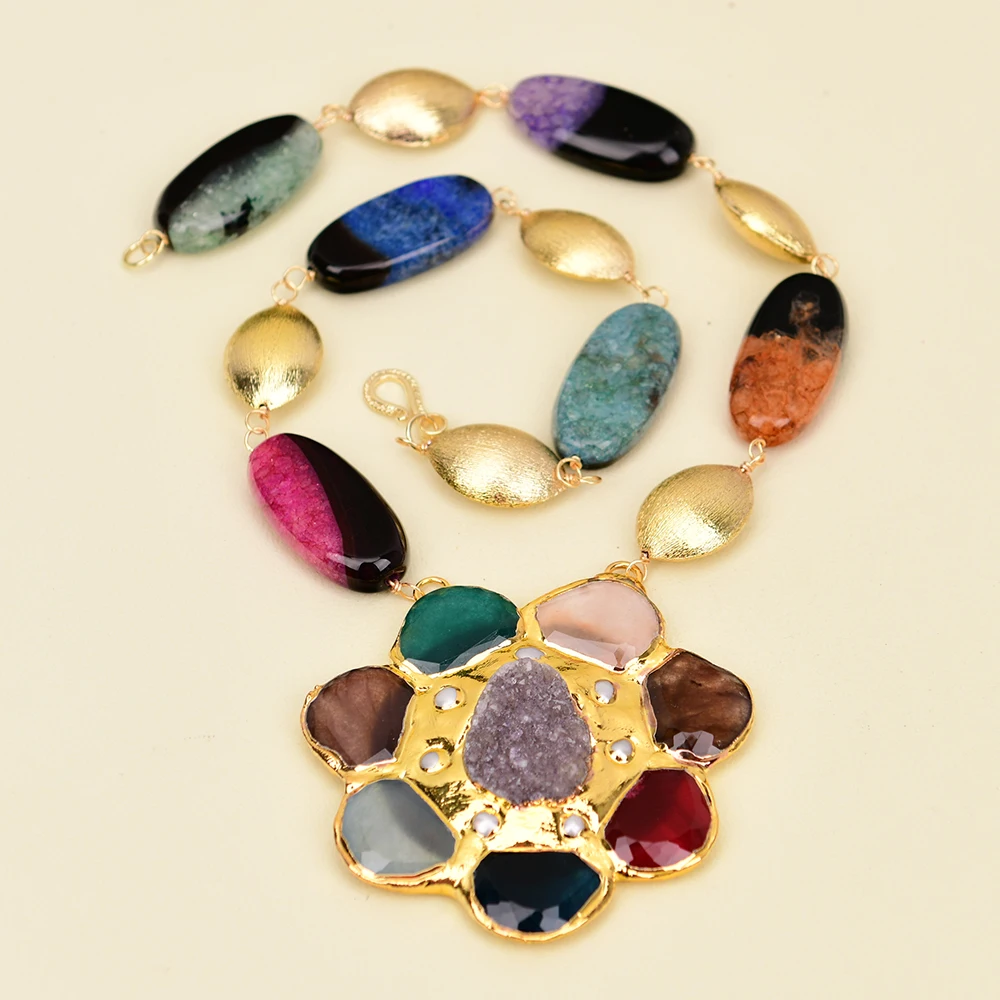 

GG 23" Natural Mix Color Agate Brushed Beads Necklace Colorful Multi Stone Gold Plated Pearl Pendant