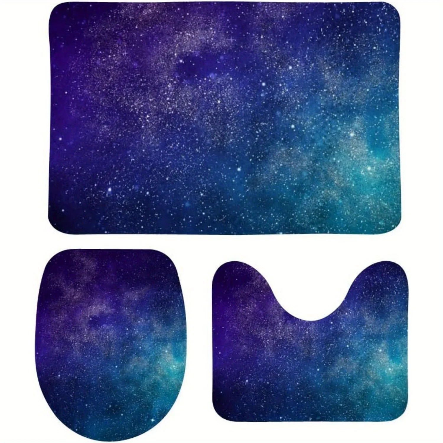 

3pcs Galaxy Nebula Bathroom Carpet Set, Non-Slip Polyester Fiber U-Shaped Toilet Mat and Lid Cover, Universal Fit Shower Bath Ru