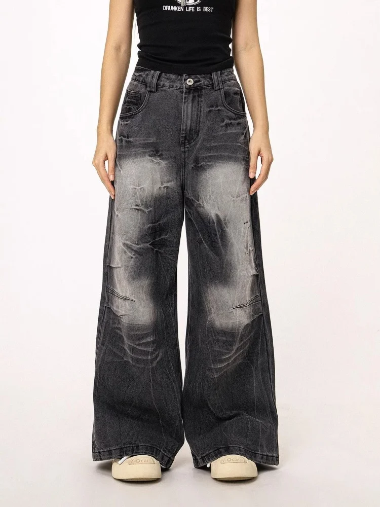 2025 Trashy Y2K Streetwear Washed Cracks Pleated Baggy Jeans Pants For Women 90S Vintage Clothes Wide Leg Hip Hop Lady Trousers