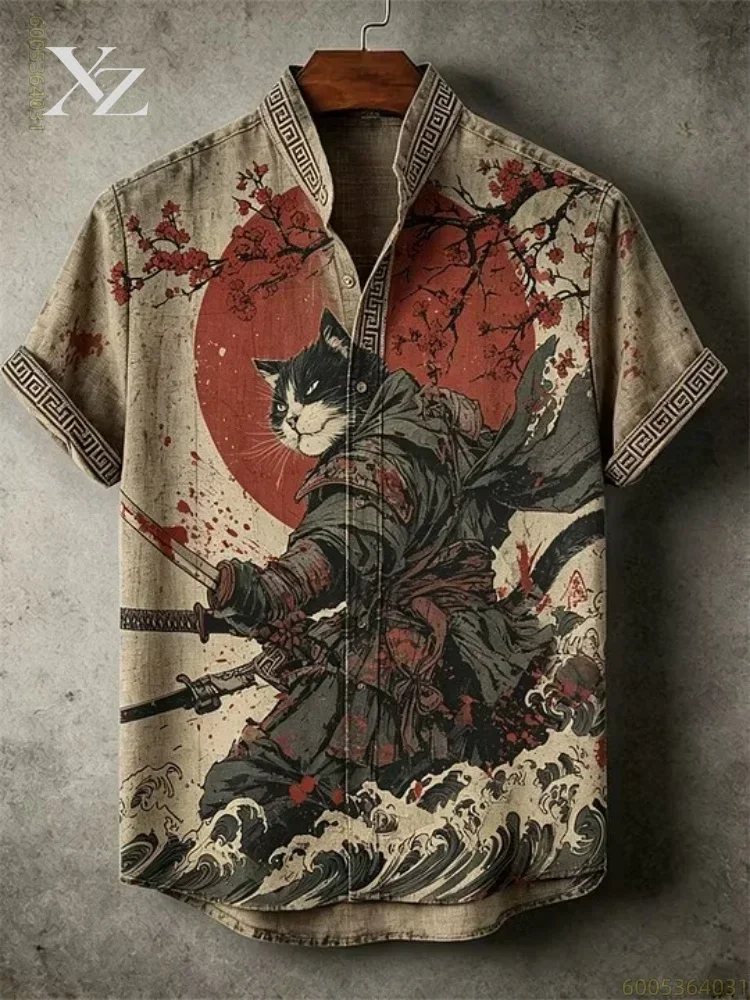 Men's Hawaiian short-sleeved shirt with black cat and cherry blossom print, versatile top for beach vacations and parties
