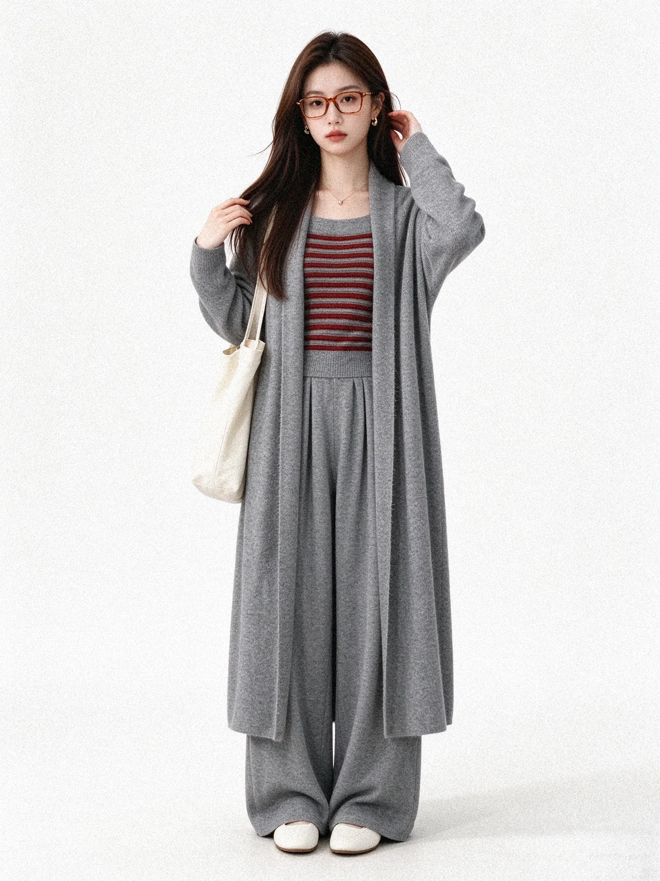 Korean Style Knitted Set Soft Long Open Cardigan Striped Tube Top Wide Leg Pants Slimming Commute Autumn Winter New Elegant