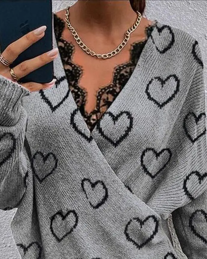 Pullover for Women 2024 Spring Autumn Sweater Fashion V-Neck Long Sleeve Heart Print Contrast Lace Long Sleeve Wrap Sweater