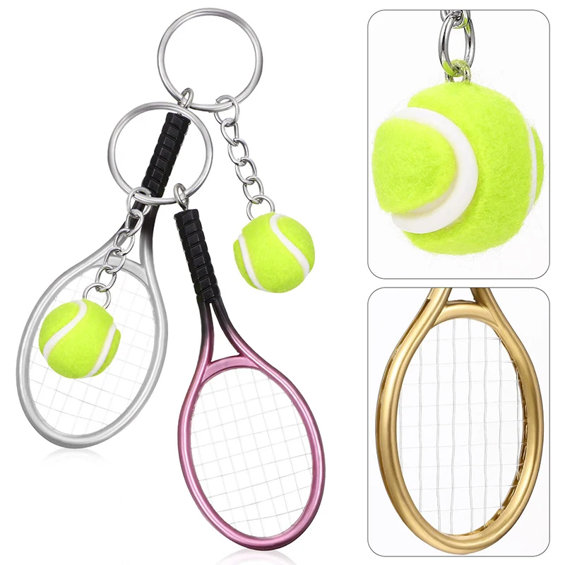 60Pcs Mini Tennis Ball Racket Model Keychain Key Ring Novelty Handbag Lover Sport Charm for Boys