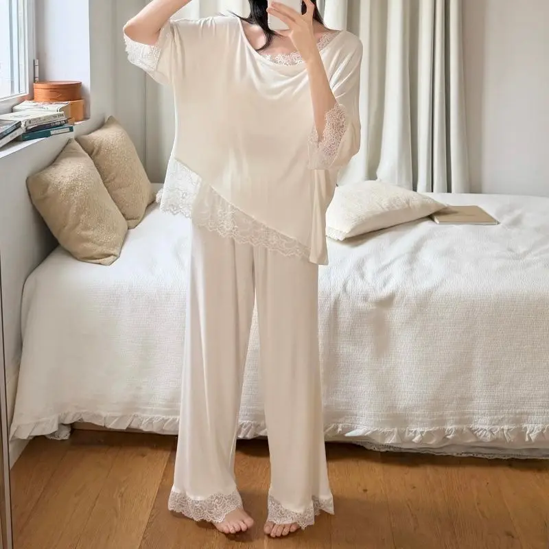 Pajama Women's Short-sleeved Pullover Suit, Sweet and Casual Solid Color Lace Trousers, Can Be Worn Outside Loose Home Clothes