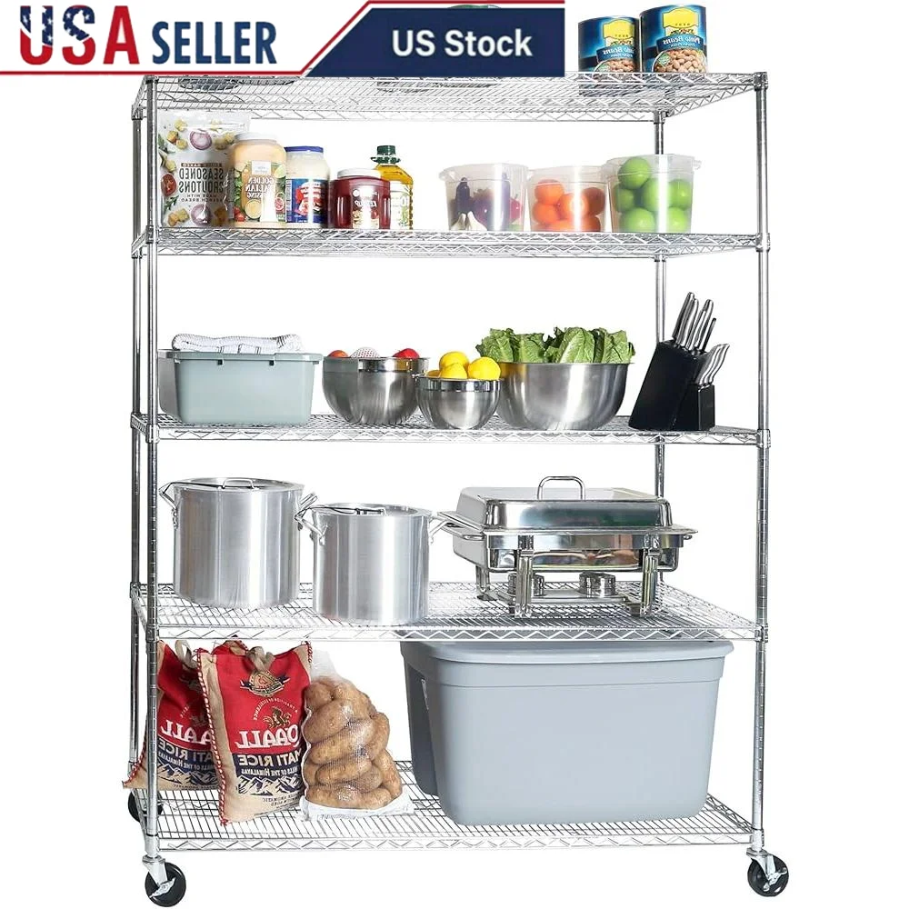 

Сверхпрочный сверхмощный стеллаж для хранения из твердой стальной проволоки NSF, 5-уровневые мобильные стеллажи с колесами промышленного класса, 800 фунтов