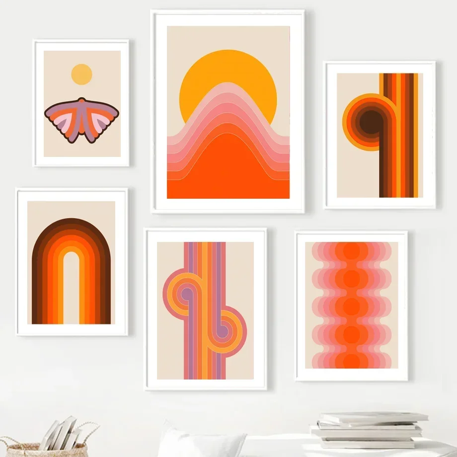Retro 70s Stripes Art Poster - Sunset Lip Rainbow Flower Butterfly Boho Canvas Wall Art for Living Room Decor