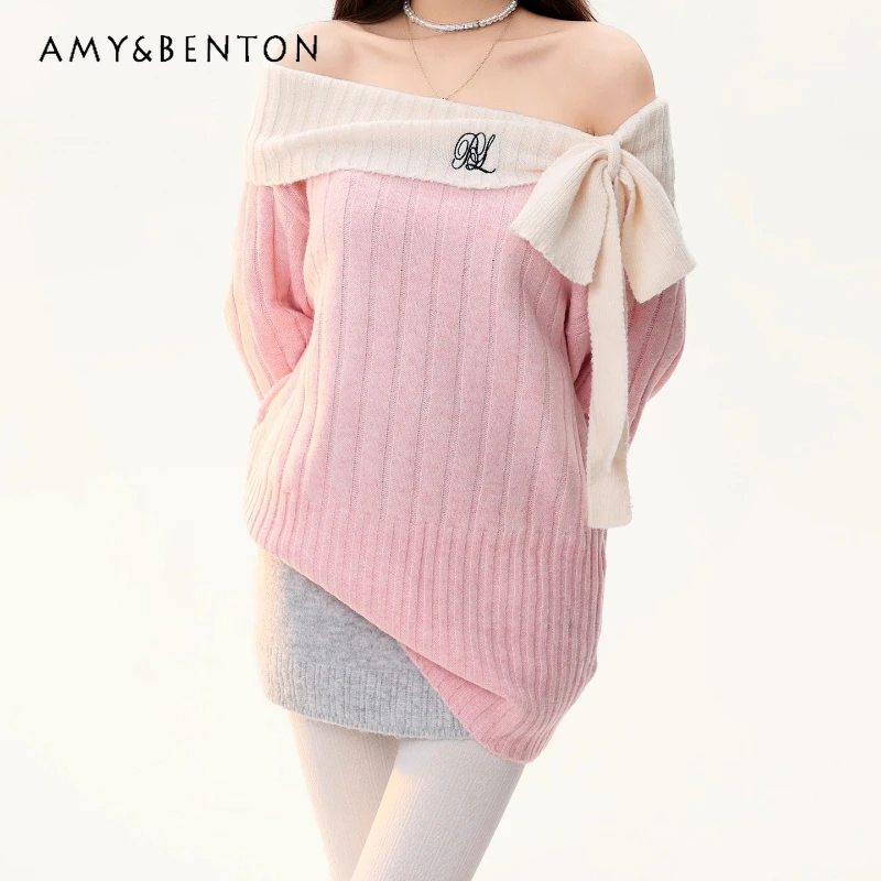 

French Design Off-Shoulder Knitted Women's Sweater 2025 Autumn Winter New Sexy Bow Tie Warm Y2K Age Reduction Pullover Ladies