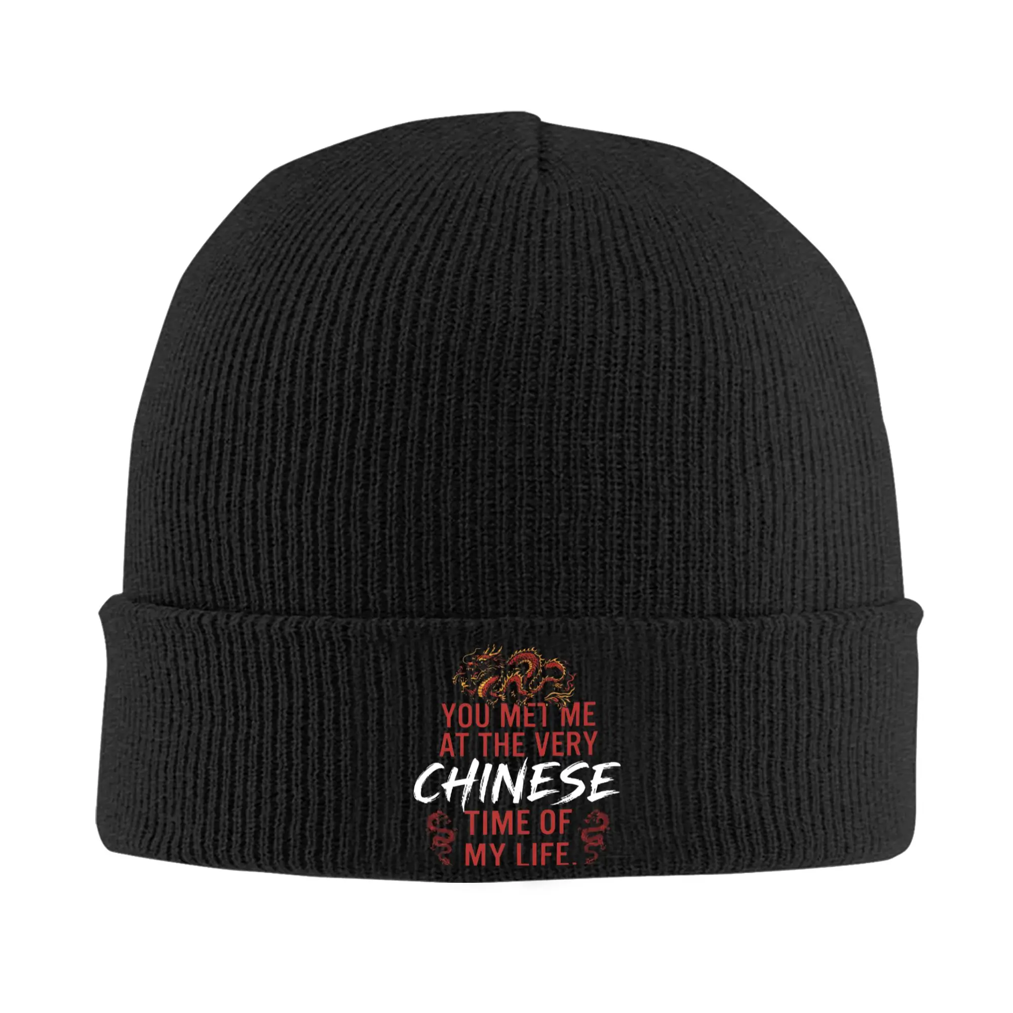 Red Dragon You Met Me At A Very Chinese Time In My Life Knitted Caps for Women Men Beanie Winter Hat Acrylic  Warm Melon Cap