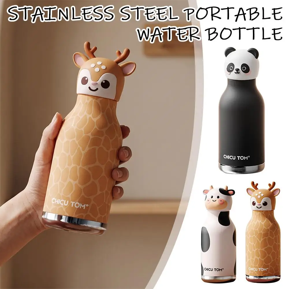 480ml Cute Animal Stainless Steel Insulated Water Bottle Leakproof Vacuum Flask Cartoon Giraffe Panda Cow Interchangeable Lid