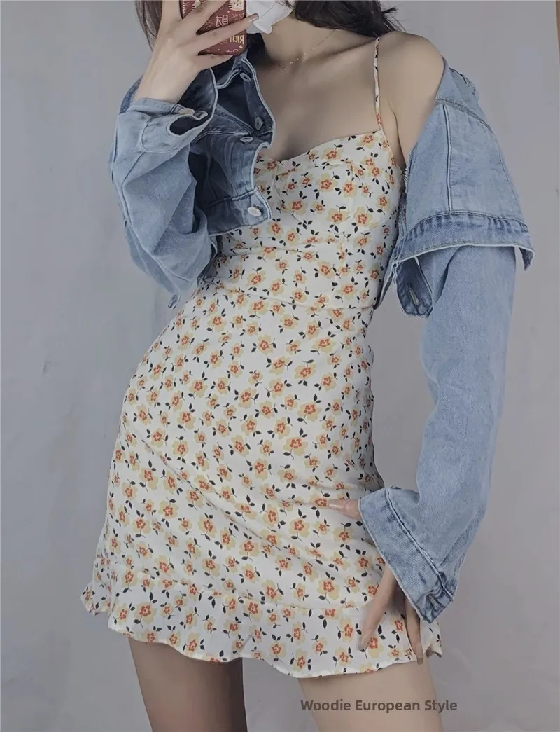 Fre Floral Wrap Chest V-Ne ort Dr High Waist Slimming Street Sle Summer Vaion Skirt Women's A-Line  Dr