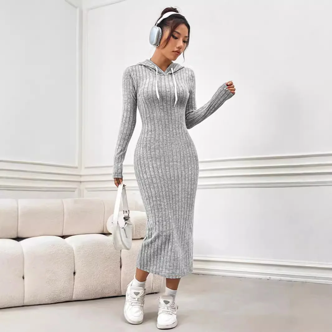 Women's solid color hooded dress slim fit long sleeved sweater Midi dresses For Women 2024 autumn/winter new item