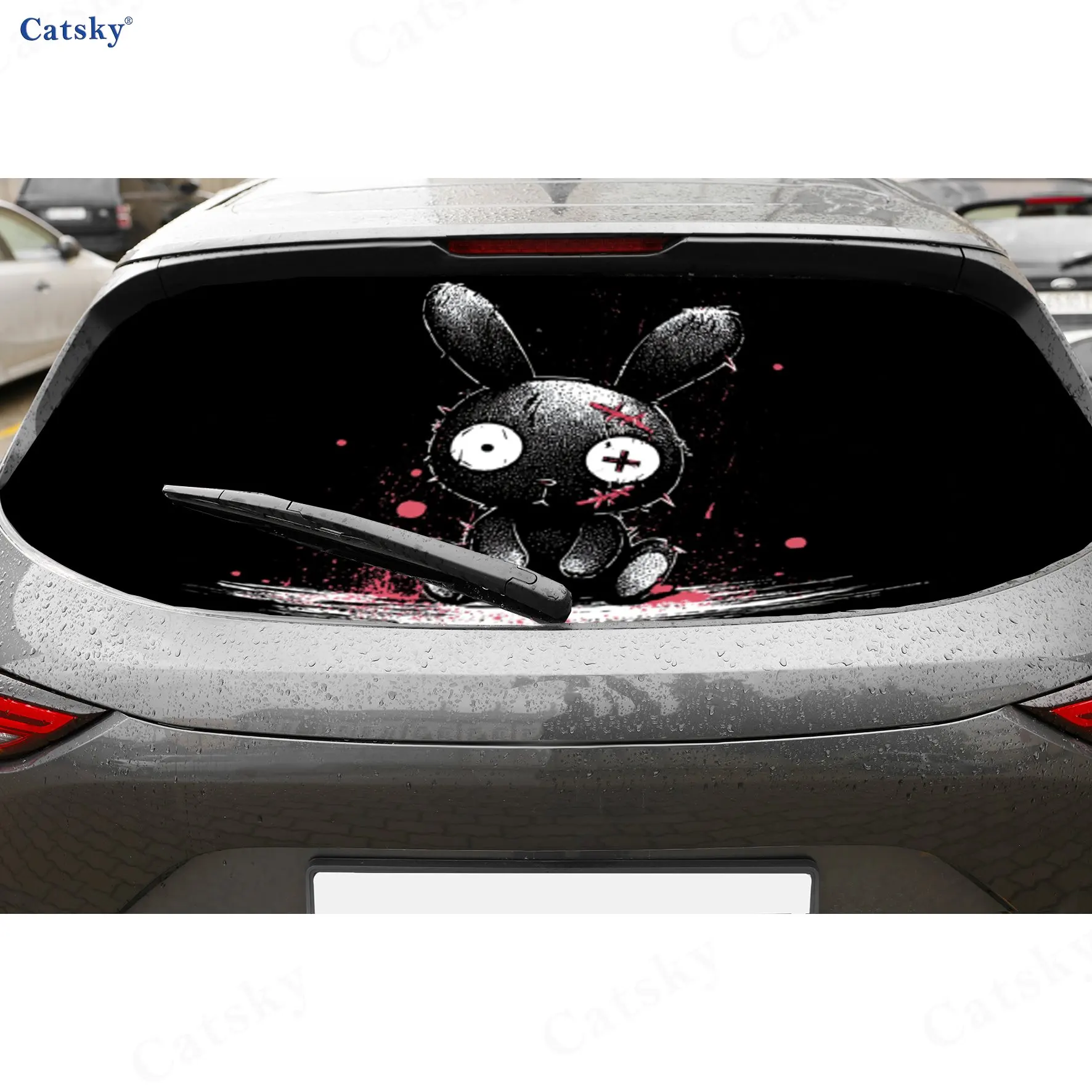 

Yandere Graffiti Bunny PVC Perforated Car Vinyl Wraps, Durable Car Windshield Sticker, Waterproof Car Window Decal