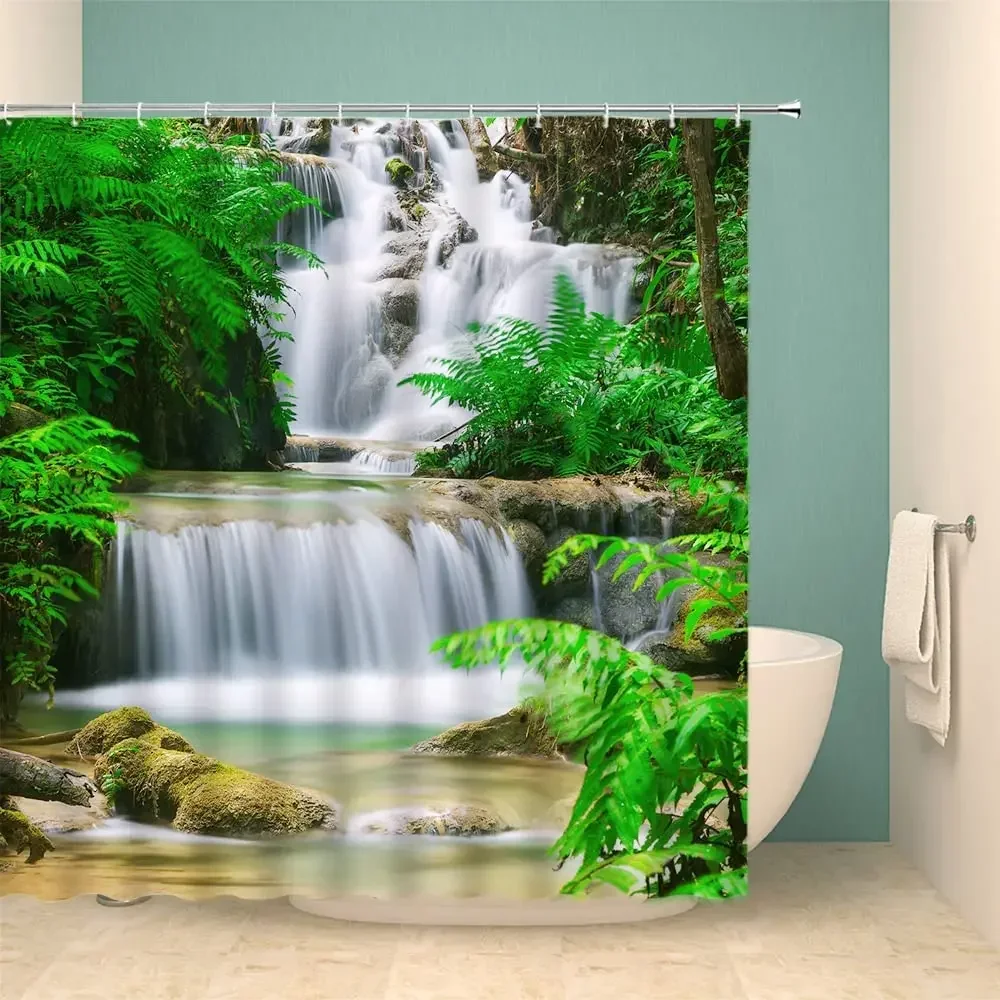 Forest Waterfall Scenery Shower Curtains Courtyard Garden Tropical Tree Water Nature Landscape Bathroom Curtain Polyester Fabric