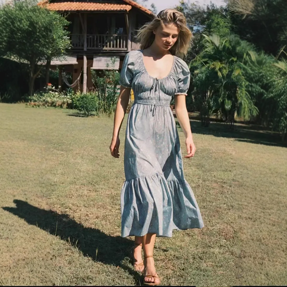 

Ретро-платье макси с цветочным принтом, с завязками на талии, рукавами-фонариками и юбкой А-силуэта, хлопок, весна-лето-осень