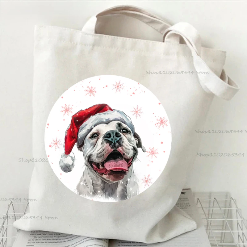 Christmas French Bulldog Shopping Shoulder Bag Fashion Cute Animal Dog Series Student Canvas Tote Bag Xmas Gift Women's Handbag