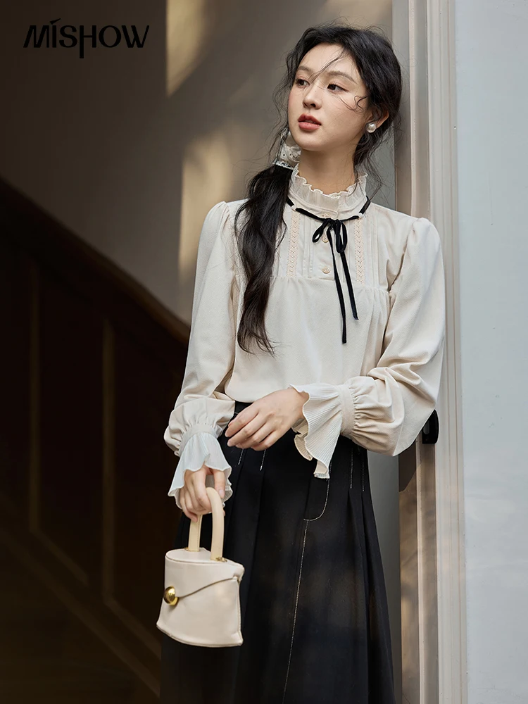 MISHOW French Milled Blouse Women Elegant Ruffled Edge Collar Long Sleeve 2024 Autumn New Korean Lace-up Bow Tops MXD34X1688