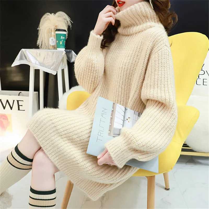 Autumn Winter Fashion Mid Length High Collar Long Sleeve Knitted Sweater Women Pullover Loose Solid Color Knitting Tops Female