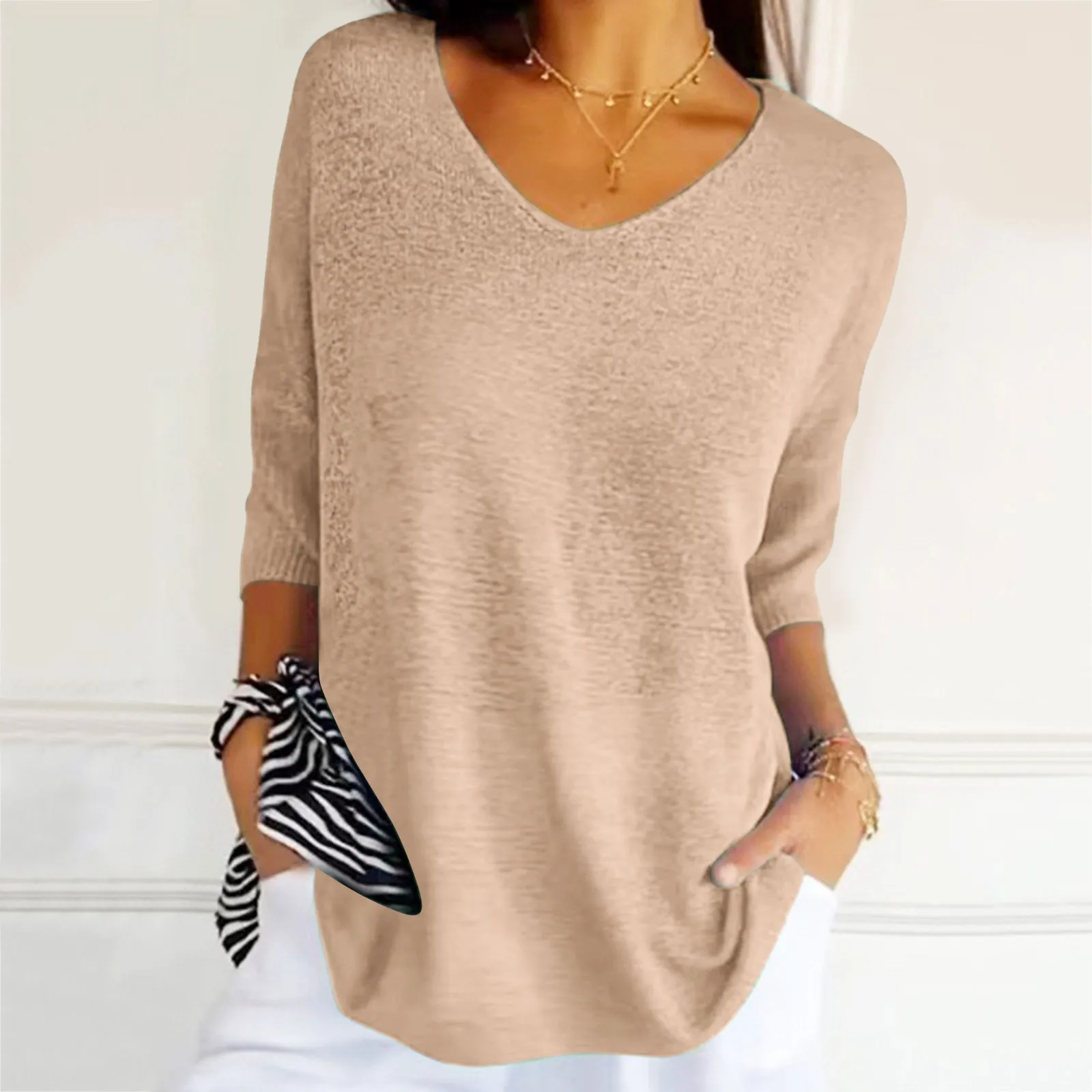 Simple Casual Solid Loose-fitting Sweater Women New Spring V Neck Bottoming T-shirt Autumn Half Sleeve Thin Knitted Top Pullover