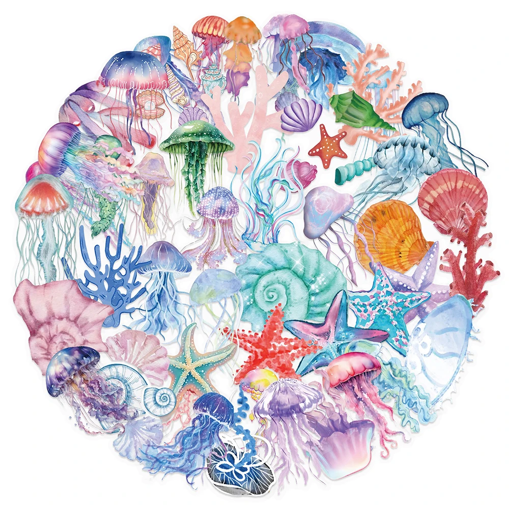 10/30/50pcs Transparent Set of Tropical Fish Stickers Cartoon Jellyfish Sea Star Shell Decals DIY Luggage Phone Laptop Sticker 4