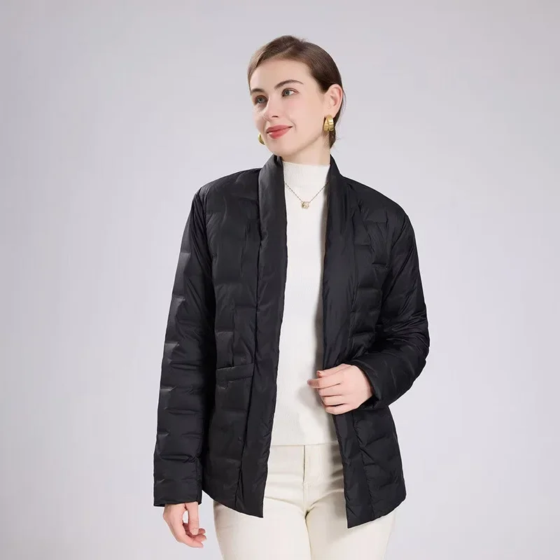 Kurtka puchowa damska jesienno-zimowa europejska, kardigan do pracy, dekolt w serek, kurtka z białego puchu kaczego.