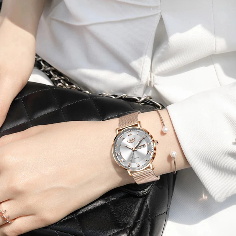 LIGE Ultra-thin Women Watches Luxury Quartz Watch Woman Fashion Bracelet Ladies Watch Waterproof Calendar Week Clock Wristwatch