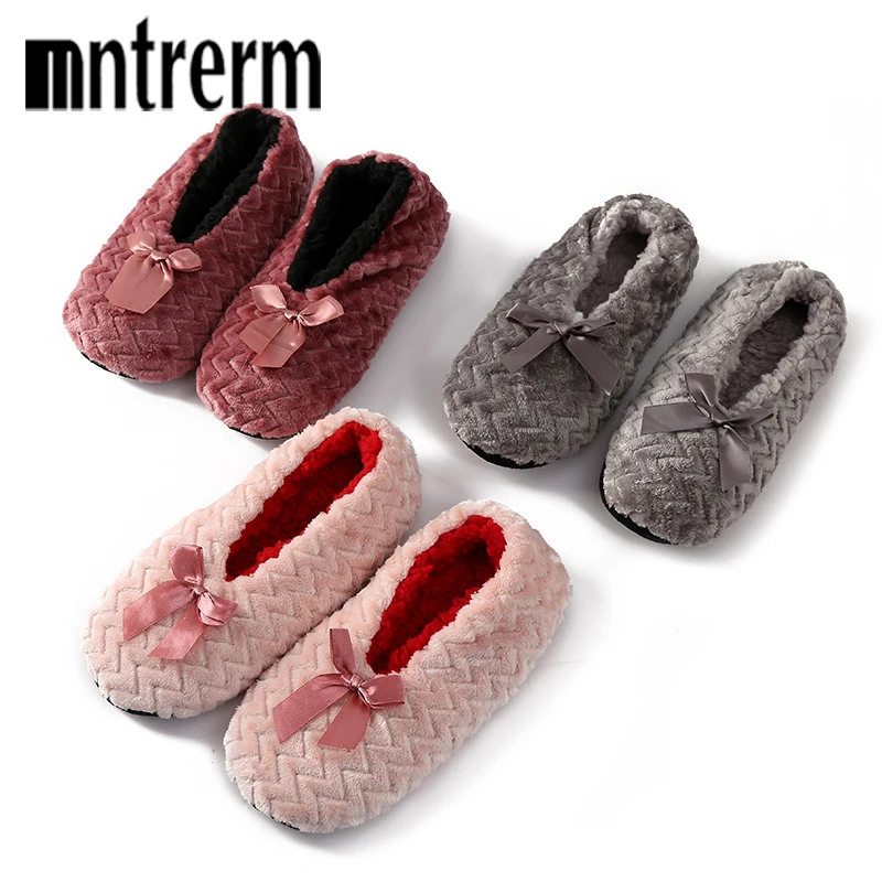 Women Home Slippers Winter Warm Indoor Shoes Comfortable Soft Plush Ladies House Slip On Bow Cotton Female Furry Flat Slippers