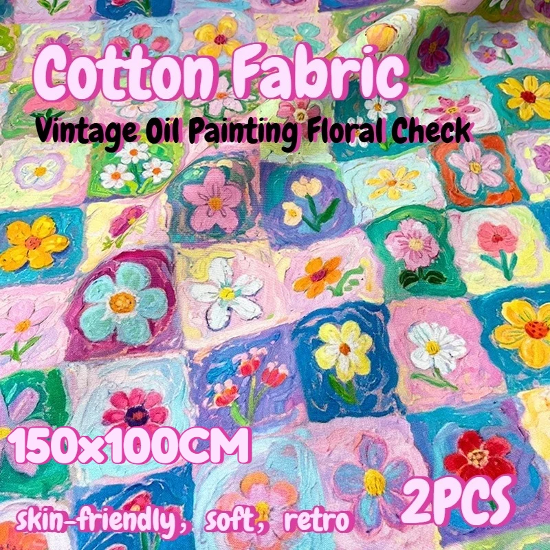 

Fabric Vintage Oil Painting Floral Check Cotton Colorful Grid Flower Soft Skin-friendly Dress Blouse Skirt Sewing Cushion 2Pcs