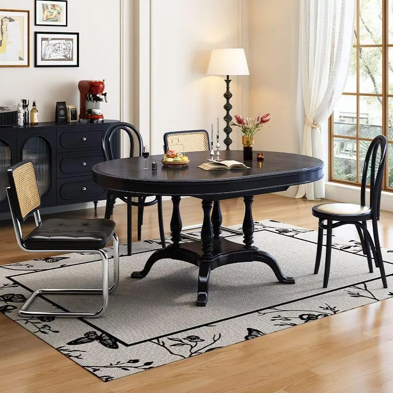French antique oval solid wood retractable dining table and chair combination black American retro folding round table small