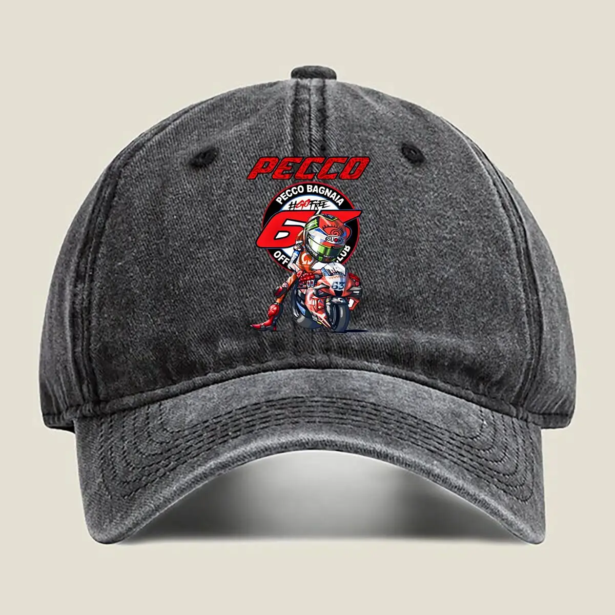 

Pecco Racing Art «PECCo BAGNAIA» с мотоциклом — стираная бейсболка с тематическим дизайном