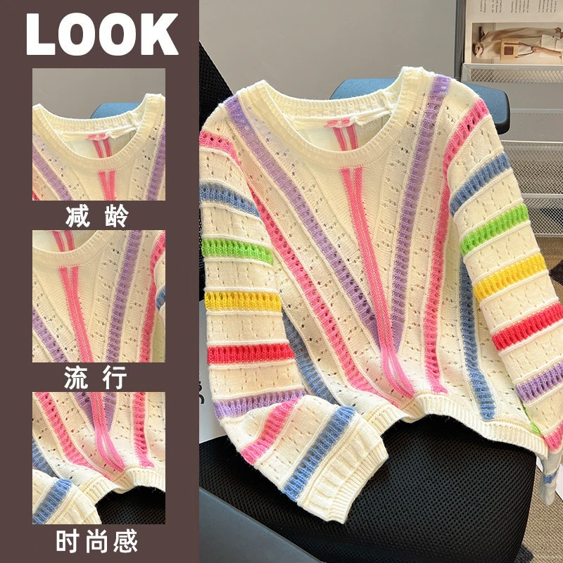 New Rainbow Striped Hollow Sweater Women Korean Retro Fashion Lazy Long Sleeve Knitted Round Neck Pullover Chic Pullover