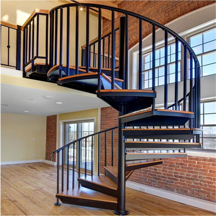 Modern Indoor Use Central Round Stringer Wood Stairs Treads with Glass Railing Attic Spiral Staircase