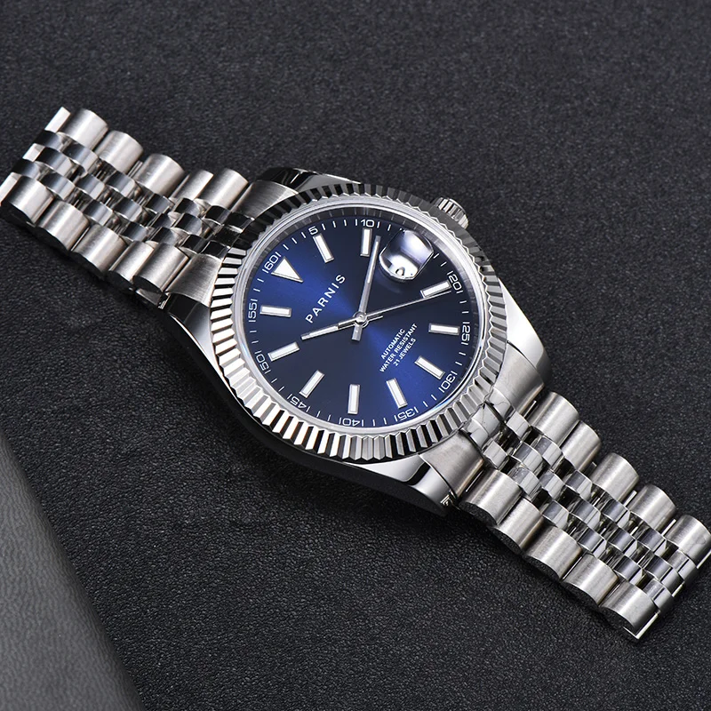 New Fashion Parnis 39.5mm Blue Dial Mechanical Automatic Men\'s Watches Stainless Steel Bracelet Calendar Men Watch reloj hombre