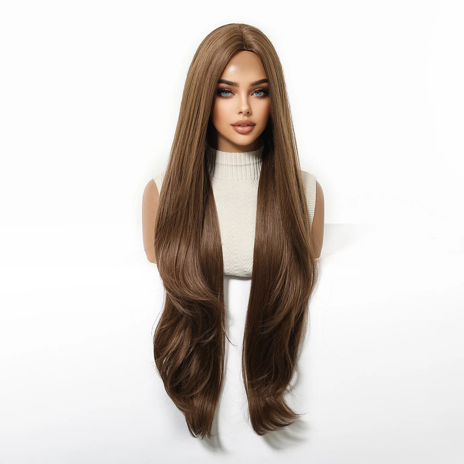 LOUIS FERRE Brown Long Wavy Middle Part Wig Synthetic Hair Wig for Women Cosplay Daily Party Halloween Heat Resistant