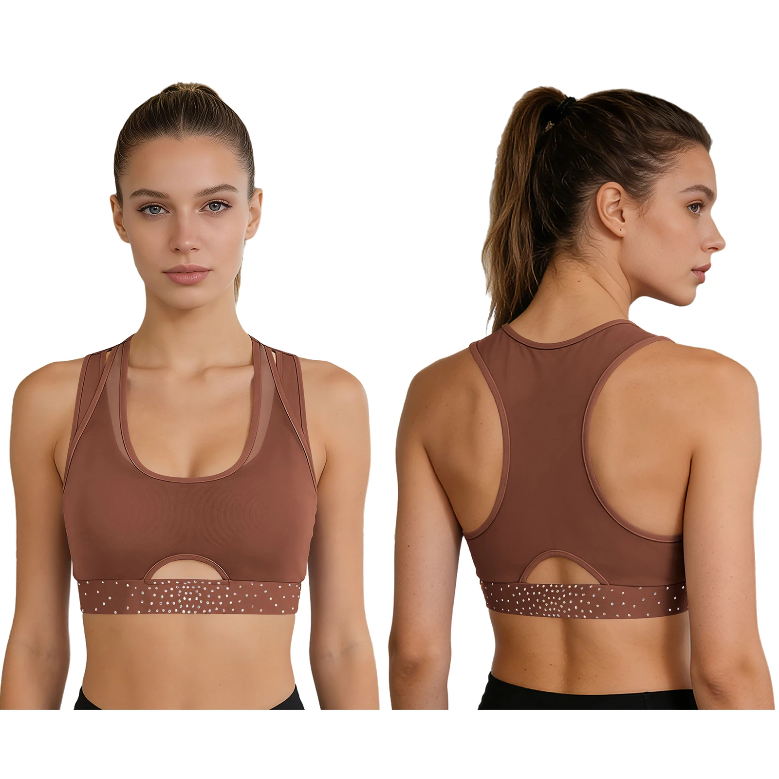 

Women Daily Casual Sports Yoga Fitness Gym Bra Crop Tank Top Sheer Mesh Stretchy Vest with Removable Chest Pads for Workout Wear